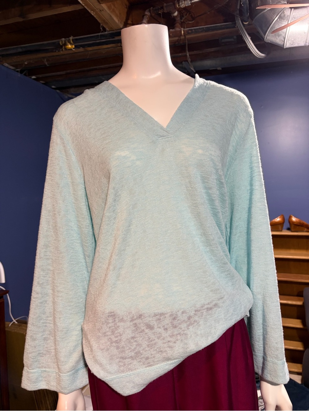 Relaxed V-Neck Hooded Pullover in Light Aqua